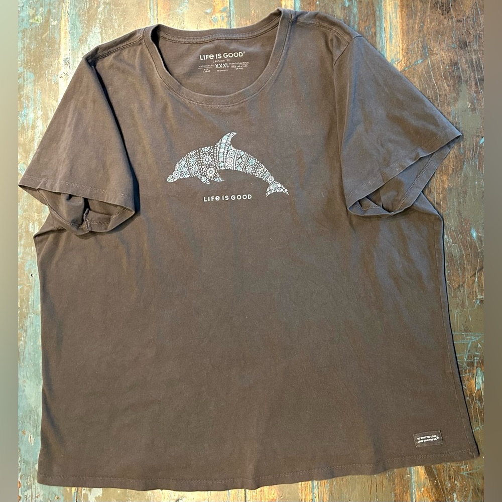 Life Is Good Crusher T-Shirt XXXL Gray V-Neck Cotton Floral Dolphin